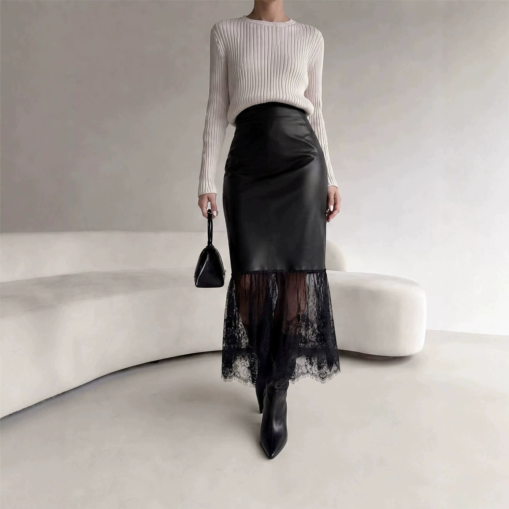 ZARA Womens Elegant French Midi Lace Patchwork Leather Office Pencil Skirt